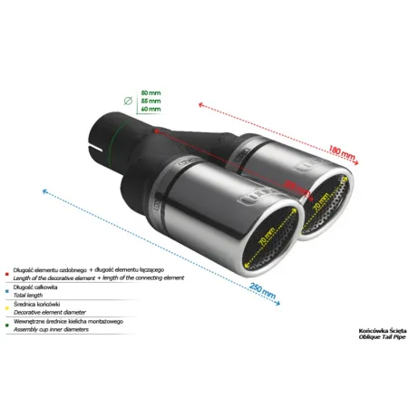Uniwersalna końcówka tłumika okrągła 70mm długość 200/180mm średnica montażowa 55mm