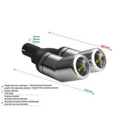 Uniwersalna końcówka tłumika okrągła 80mm długość 260mm średnica montażowa 55mm