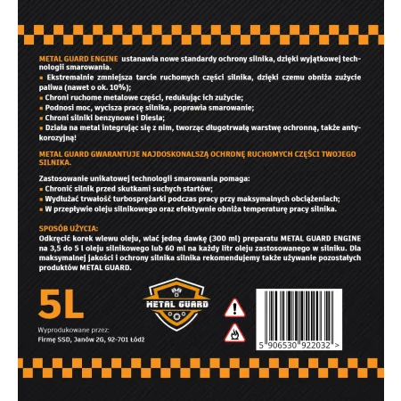 Dodatek Do Oleju Metal Guard Engine Zmniejsza Tarcie i Chroni Silnik 5L