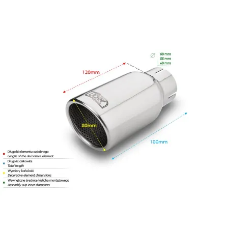 Uniwersalna końcówka tłumika okrągła 80mm długość 120mm średnica montażowa 65mm