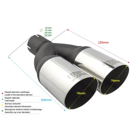 Uniwersalna końcówka tłumika okrągła 76mm długość 230mm średnica montażowa 60mm