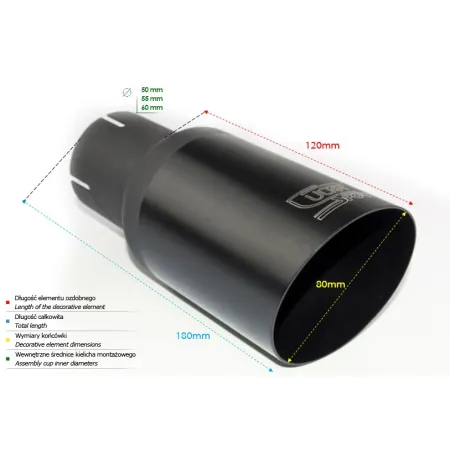 Uniwersalna końcówka tłumika okrągła 80mm długość 120mm średnica montażowa 50mm