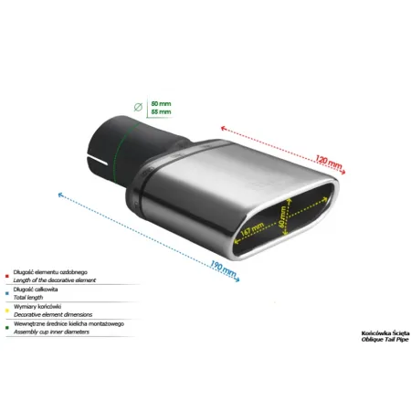 Uniwersalna końcówka tłumika owalna 167×60mm długość 200mm średnica montażowa 50mm