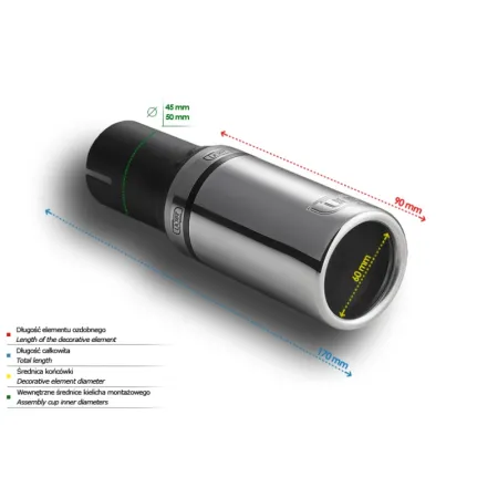 Uniwersalna końcówka tłumika okrągła 60mm długość 90mm średnica montażowa 45mm