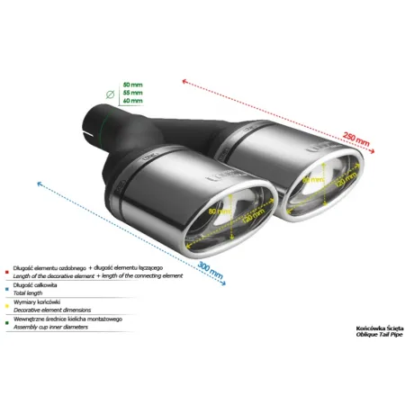 Uniwersalna końcówka tłumika owalna 120×80mm długość 250mm średnica montażowa 50mm