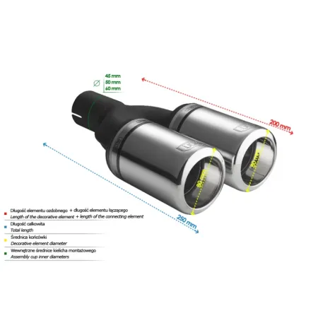 Uniwersalna końcówka tłumika okrągła 80mm długość 200mm średnica montażowa 50mm