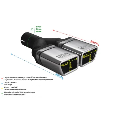 Uniwersalna końcówka tłumika specjalna 86×54mm długość 200mm średnica montażowa 60mm