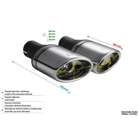 Uniwersalna końcówka tłumika owalna 120×80mm długość 120mm średnica montażowa 55mm