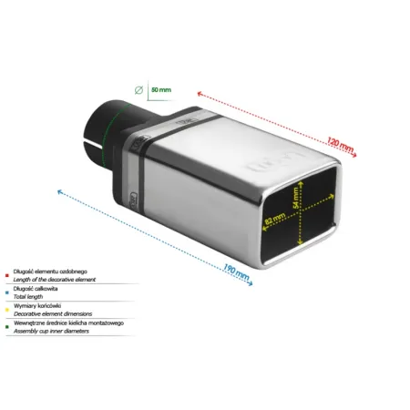 Uniwersalna końcówka tłumika prostokątna 82×54mm długość 120mm średnica montażowa 50mm