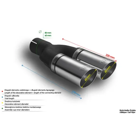 Uniwersalna końcówka tłumika okrągła 60mm długość 220mm średnica montażowa 60mm