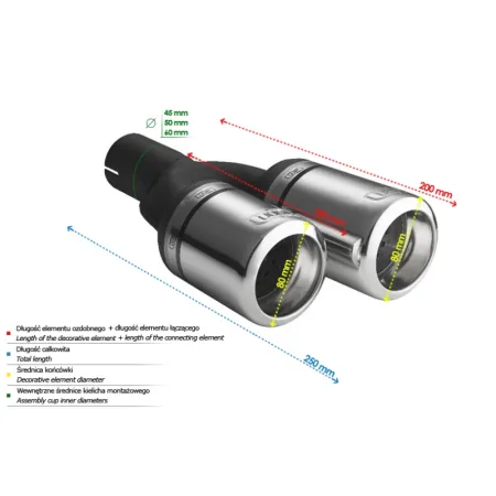 Uniwersalna końcówka tłumika okrągła 80mm długość 200/180mm średnica montażowa 50mm