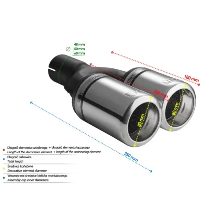 Uniwersalna końcówka tłumika okrągła 80mm długość 200/180mm średnica montażowa 60mm