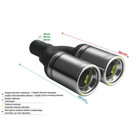 Uniwersalna końcówka tłumika okrągła 80mm długość 200mm średnica montażowa 45mm