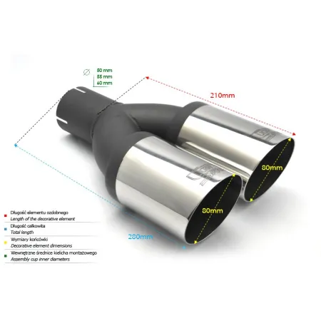 Uniwersalna końcówka tłumika okrągła 80mm długość 210mm średnica montażowa 55mm