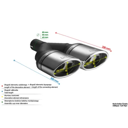 Uniwersalna końcówka tłumika owalna 120×80mm długość 250mm średnica montażowa 55mm