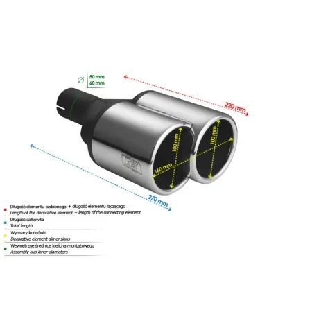 Uniwersalna końcówka tłumika okrągła długość 200/180mm średnica montażowa 55mm