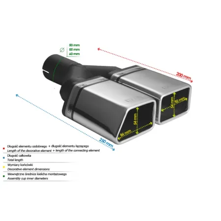 Uniwersalna końcówka tłumika specjalna 86×54mm długość 200mm średnica montażowa 50mm