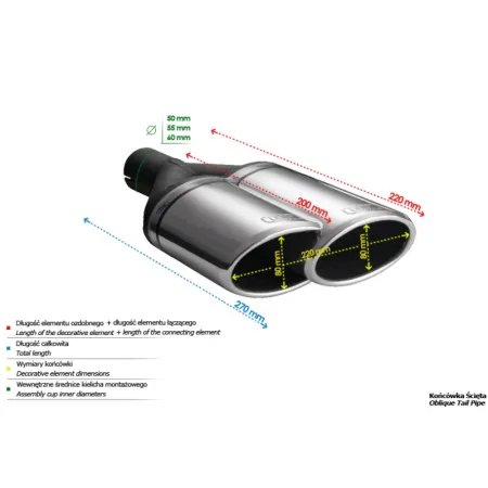 Uniwersalna końcówka tłumika owalna 220×80mm długość 220mm średnica montażowa 60mm