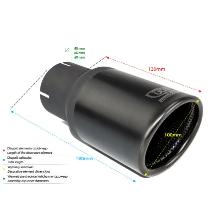 Uniwersalna końcówka tłumika okrągła 100mm długość 120mm średnica montażowa 65mm