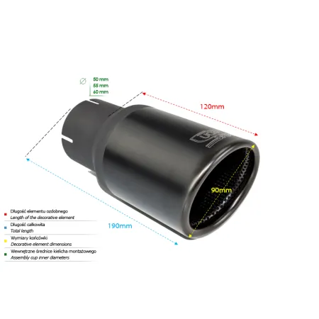 Uniwersalna końcówka tłumika okrągła 90mm długość 120mm średnica montażowa 60mm
