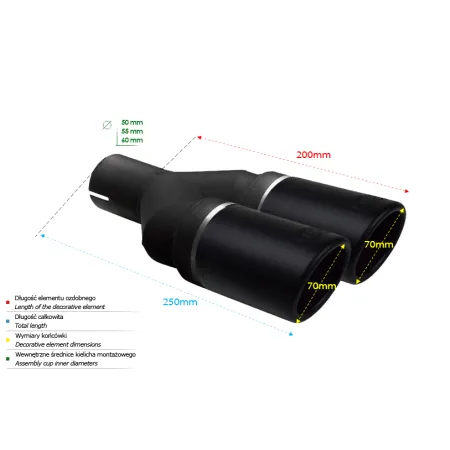 Uniwersalna końcówka tłumika okrągła 70mm długość 200mm średnica montażowa 45mm