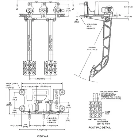 Pedały Wilwood 340-13835 hamulec i sprzęgło do montażu wstecznego obrotu