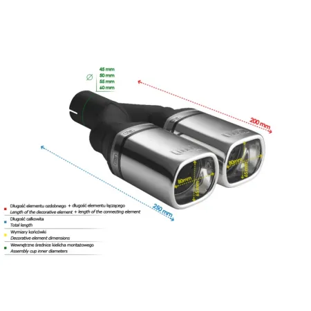 Uniwersalna końcówka tłumika prostokątna 80×65mm długość 200mm średnica montażowa 60mm
