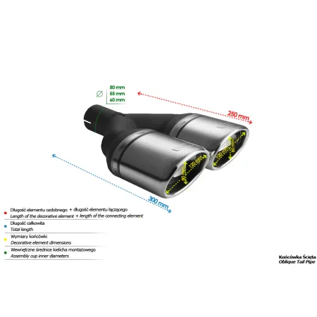 Uniwersalna końcówka tłumika owalna 120×80mm długość 250mm średnica montażowa 60mm