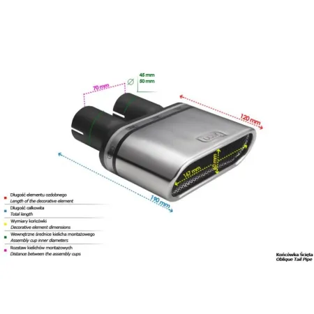 Uniwersalna końcówka tłumika owalna 167×60mm długość 120mm średnica montażowa 50mm