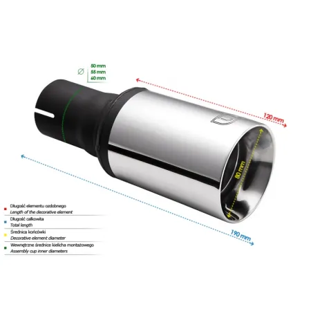 Uniwersalna końcówka tłumika okrągła 80mm długość 120mm średnica montażowa 50mm