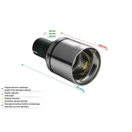 Uniwersalna końcówka tłumika okrągła 100mm długość 120mm średnica montażowa 50mm