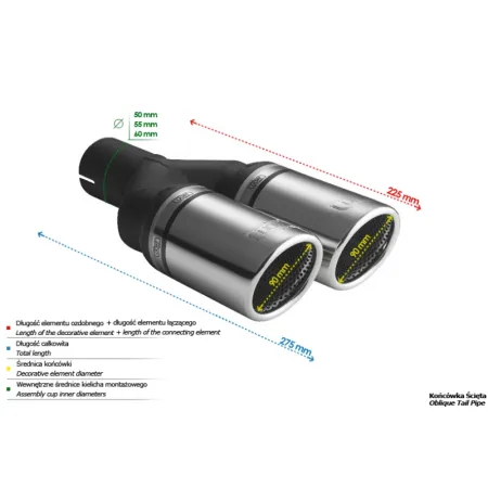 Uniwersalna końcówka tłumika okrągła 90mm długość 220mm średnica montażowa 50mm