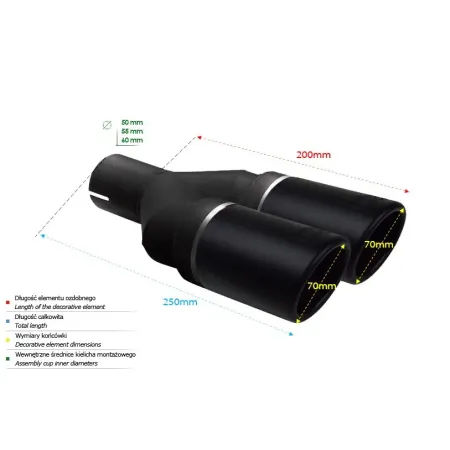 Uniwersalna końcówka tłumika okrągła 70mm długość 200mm średnica montażowa 45mm