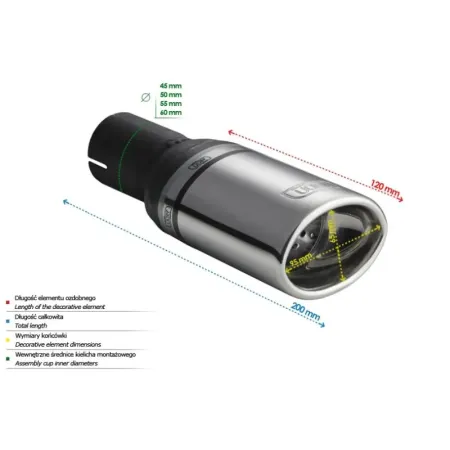 Uniwersalna końcówka tłumika owalna 95×65mm długość 80mm średnica montażowa 45mm