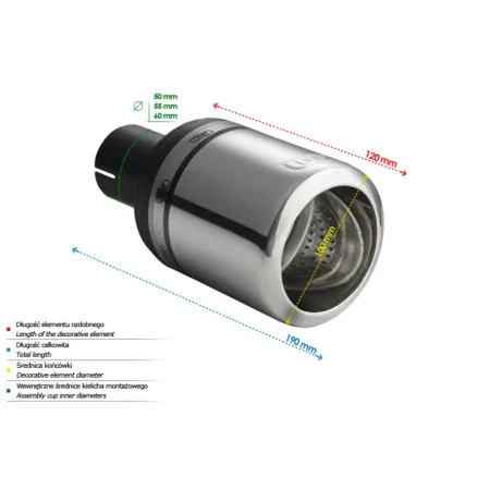 Uniwersalna końcówka tłumika okrągła 100mm długość 120mm średnica montażowa 50mm