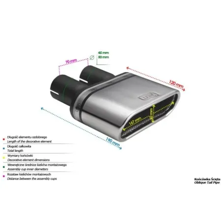 Uniwersalna końcówka tłumika owalna 167×60mm długość 120mm średnica montażowa 50mm