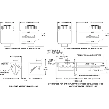 Wilwood 260-10372 Kompaktowy główny cylinder hamulcowy z mocowaniem kołnierzowym i zdalnym zbiornikiem średnica 3/4