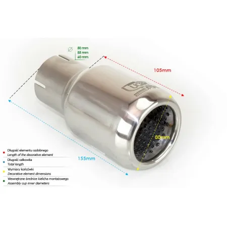 Uniwersalna końcówka tłumika okrągła 80mm długość 110mm średnica montażowa 60mm