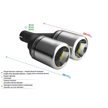 Uniwersalna końcówka tłumika okrągła 100mm długość 230mm średnica montażowa 55mm