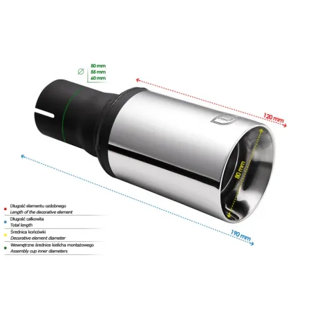 Uniwersalna końcówka tłumika okrągła 80mm długość 120mm średnica montażowa 50mm
