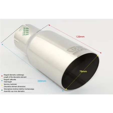 Uniwersalna końcówka tłumika okrągła 76mm długość 120mm średnica montażowa 65mm