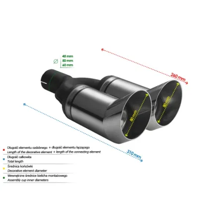 Uniwersalna końcówka tłumika okrągła 80mm długość 260mm średnica montażowa 60mm