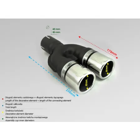 Uniwersalna końcówka tłumika okrągła 60mm długość 170mm średnica montażowa 45mm