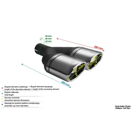 Uniwersalna końcówka tłumika owalna 120×80mm długość 250mm średnica montażowa 50mm