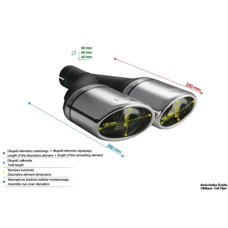 Uniwersalna końcówka tłumika owalna 120×80mm długość 250mm średnica montażowa 50mm