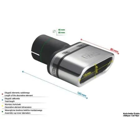 Uniwersalna końcówka tłumika owalna 110×45mm długość 80mm średnica montażowa 50mm
