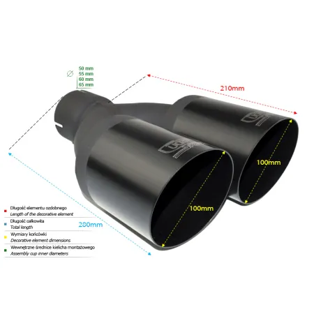Uniwersalna końcówka tłumika okrągła 100mm długość 280mm średnica montażowa 65mm