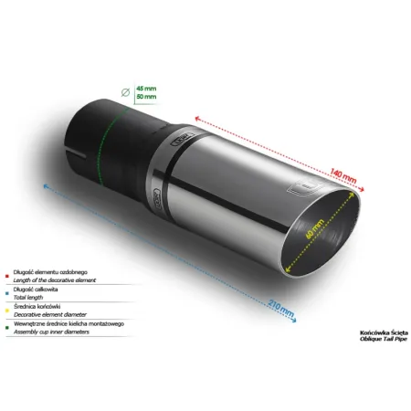 Uniwersalna końcówka tłumika okrągła 60mm długość 140mm średnica montażowa 50mm