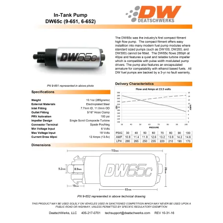 Pompa paliwa DeatschWerks DW65C 265 lph Subaru GTO 04-06 Legacy GT 05-09 WRX 08-14 Sti 08-21
