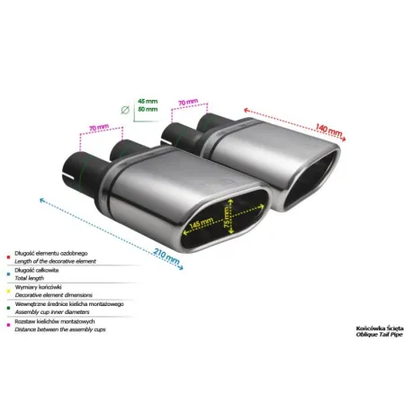 Uniwersalna końcówka tłumika owalna 145×75mm długość 140mm średnica montażowa 50mm